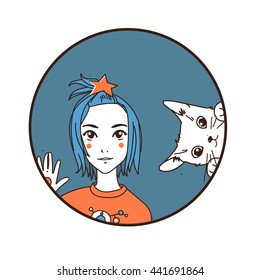 Girl and cat looking up at the stars. Space trip. Vector hand-drawn sketch.
