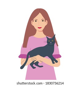 Girl with a cat in modern style. Flat concept. Happy cheerful young woman. Animal cartoon.