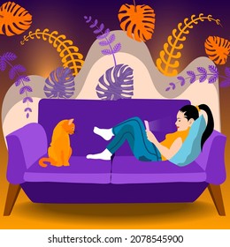 The girl and the cat on the couch. A beautiful illustration for interior decoration,  blogs, postcards, posters and your other projects. Vector.  