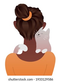 Girl and cat her shoulders  Colored vector illustration isolated white background 