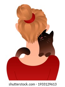 Girl with a cat on her shoulders. Colored vector illustration isolated on white background.