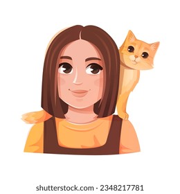 Girl and cat her shoulders  Cartoon vector illustration