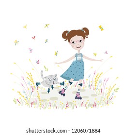 Girl and cat on rollers in herbs, flowers and butterflies. Fun, cute summer children's illustration. Vector 10 EPS