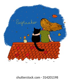 Girl and a cat on the roof at night. Hand drawn vector. autumn leaves and stars.