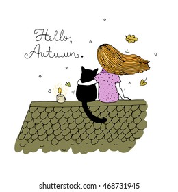 Girl and a cat on the roof at night on white background.  Hand drawn vector. autumn leaves. Hello, Autumn.