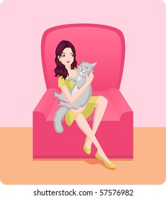 Girl with cat on sofa