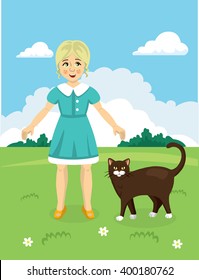 Girl and cat on a walk vector. Girl. cat vector