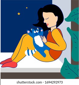 Girl With A Cat On The Windowsill Looks Out The Window At Night.  Pop Art Illustration.  Vector Graphics.  Line Drawing.  Square Format.  Banner