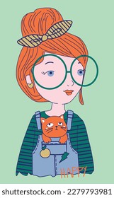 girl with cat owner farmer glasses redhead