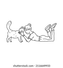 Girl with a cat pet. Doodle black white contour line illustration.