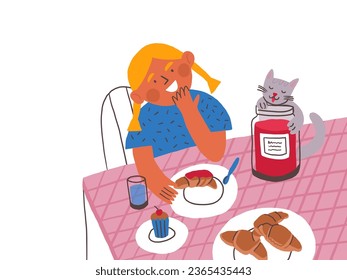Girl and cat. Picture book illustration of little girl eating croissants with the cat. Parisian breakfast.