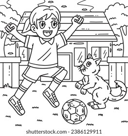 Girl and Cat Playing Soccer Coloring Page for Kids