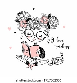 Girl with a cat reading a book. I like to read. Lettering Vector.