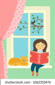 Girl with cat reading book near window.  Cute hand drawing vector illustration.