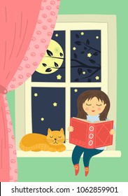 Girl with cat reading book sitting on window at night. Story time. Cute vector illustration.