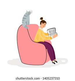 Girl with cat reading book vector illustration. Woman and cat sitting and read book