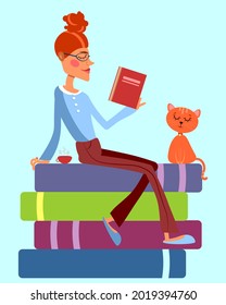 Girl with a cat reading a book. Vector illustration for postcards, design and posters.