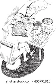 Girl and cat reading book. Vector hand drawn illustration, made with black ink, white paper. Isolated on white, with simple motivating educational lettering quote, perfect for a bookstore or library.