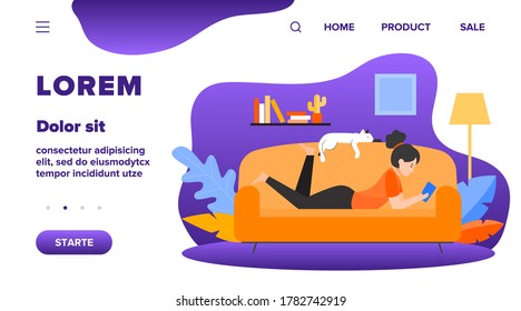 Girl and cat relaxing on sofa flat vector illustration. Cartoon woman laying in comfort and reading. Home evening and entertainment concept
