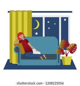 Girl with a cat resting on the couch.