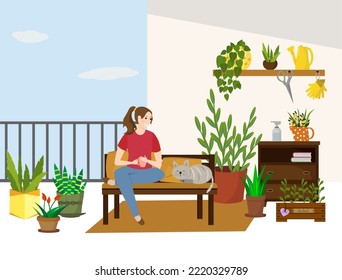 The girl and the cat are resting on the sofa. Terrace home garden with furniture and flowers, seedling boxes. Vector illustration. Place for rest. For use in brochures, flyers, advertising