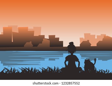 Girl And Cat At Riverside In City Vector Illustration 