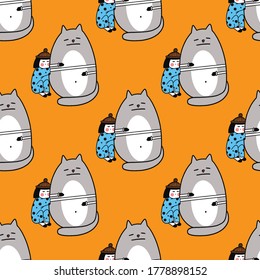 Girl and Cat seamless pattern in vector.
