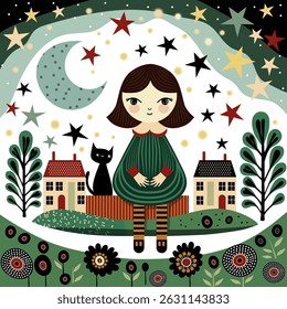 girl with a cat sits at night against the background of flowers, houses and the starry sky