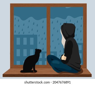 A girl with a cat sits on the windowsill and looks at the rain outside the window. The girl is sad. Cartoon unhappy woman concept of sorrow and melancholy mood, vector illustration