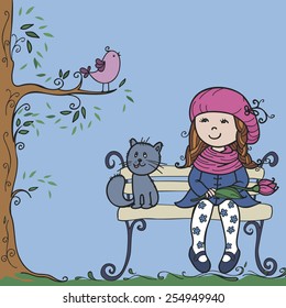 Girl with a cat sitting on a bench in the park. Children vector drawing