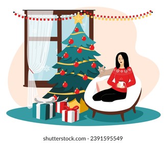 Girl and cat sitting on cozy chair waiting for Christmas with decorations and gifts