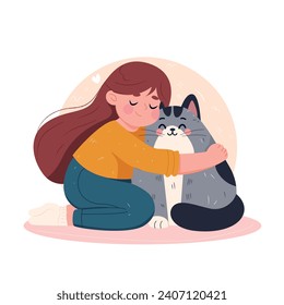 girl with cat. girl sitting on the floor with cat Vector illustration caring for pets