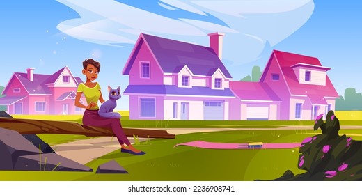 Niña con gato sentada en un césped verde con casas de pueblo en segundo plano. Paisaje rural de verano con una mujer sosteniendo gatitos, libros sobre alfombras sobre césped, ilustración vectorial de dibujos animados