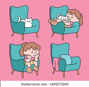 Girl and cat sitting on the sofa. hand drawn style vector design illustrations. 