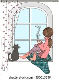 Girl With A Cat Sitting On A Window Sill And Look Out The Window, Hot Coffee With Milk, Tea, Blanket, Snow