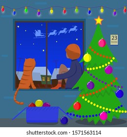 Girl with a cat sitting on the windowsill and dreams of gifts. Room with Christmas tree and window.  The roof and Santa on the reindeer outside the window. The concept of waiting for Christmas. Vector