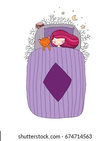 A girl and a cat sleep in bed. Good night. Sweet dreams. Vector illustration. bed time. Isolated objects on white background. Trees, a house and a starry sky.