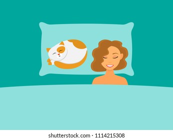 A girl and a cat sleep in bed. Vector illustration.
