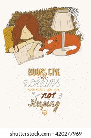 Girl and cat sleeping on book. Vector hand drawn colorful large illustration, made with ink, on beige background, with simple motivating educational lettering quote, perfect for a bookstore, library