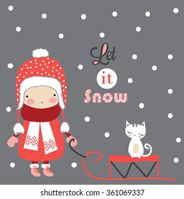 Girl with cat and sleigh on winter background with snowflakes vector illustration