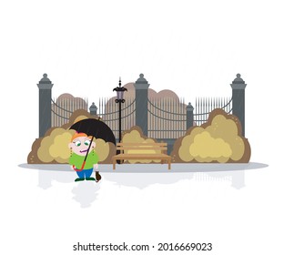 a girl and a cat are standing in the rain in autumn