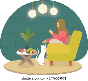 Girl with cat. Stay home. Save the world. Quarantine time. Vector illustration