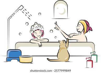 A girl and a cat taking a bath together with her mother during bath time | Family series