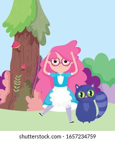 girl and cat tree mushroom grass in wonderland vector illustration