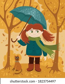 Girl and cat under an umbrella in autumn. Cute vector illustration in flat style. Autumn postcard, banner, card