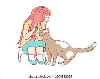 Girl and cat. Vector illustration