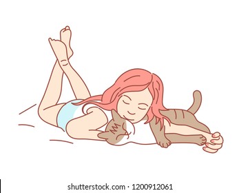Girl and cat. Vector illustration