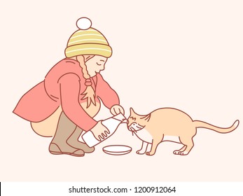 Girl and cat. Vector illustration