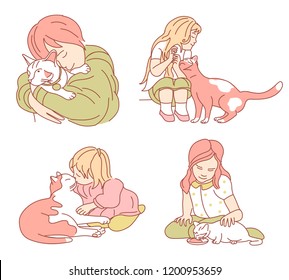 Girl and cat. Vector illustration.