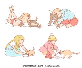 Girl and cat. Vector illustration.